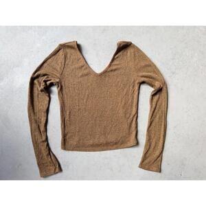 Brown Ribbed Long Sleeve V-Neck Top